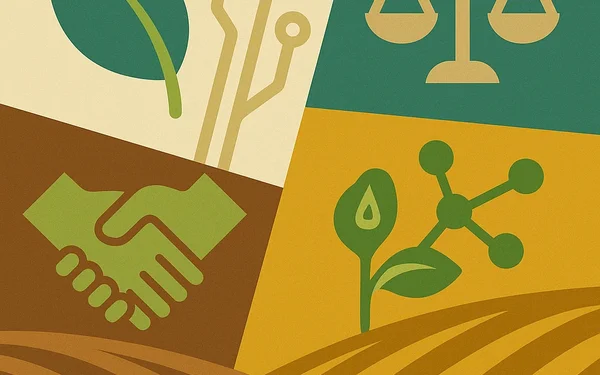 Flat illustrated collage in green, brown and gold of a leaf with circuit lines, scales of justice, a handshake and a sprouting molecule